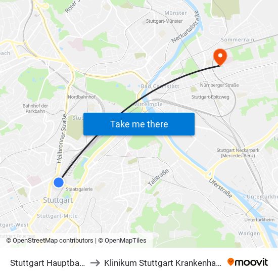 Stuttgart Hauptbahnhof (Tief) to Klinikum Stuttgart Krankenhaus Bad Cannstatt map