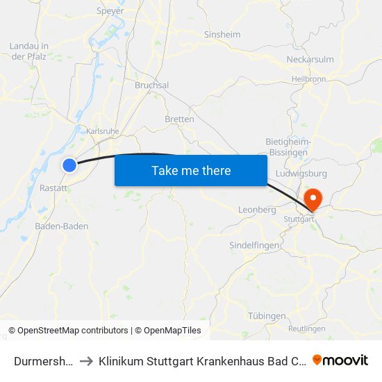 Durmersheim to Klinikum Stuttgart Krankenhaus Bad Cannstatt map