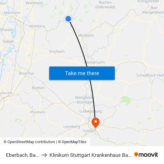 Eberbach, Bahnhof to Klinikum Stuttgart Krankenhaus Bad Cannstatt map