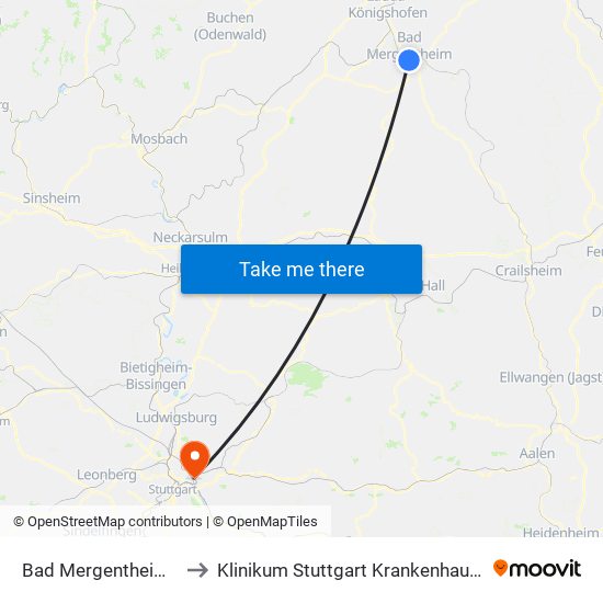 Bad Mergentheim, Bahnhof to Klinikum Stuttgart Krankenhaus Bad Cannstatt map