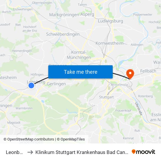 Leonberg to Klinikum Stuttgart Krankenhaus Bad Cannstatt map