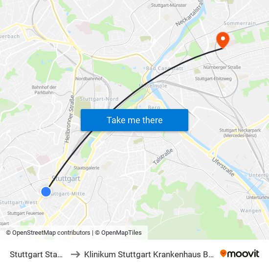 Stuttgart Stadtmitte to Klinikum Stuttgart Krankenhaus Bad Cannstatt map