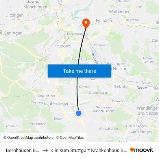 Bernhausen Bahnhof to Klinikum Stuttgart Krankenhaus Bad Cannstatt map