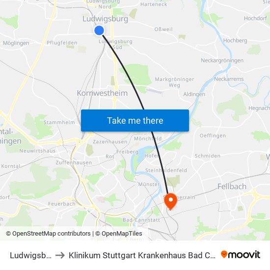 Ludwigsburg to Klinikum Stuttgart Krankenhaus Bad Cannstatt map