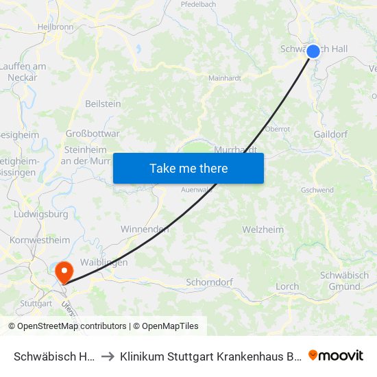 Schwäbisch Hall Zob to Klinikum Stuttgart Krankenhaus Bad Cannstatt map