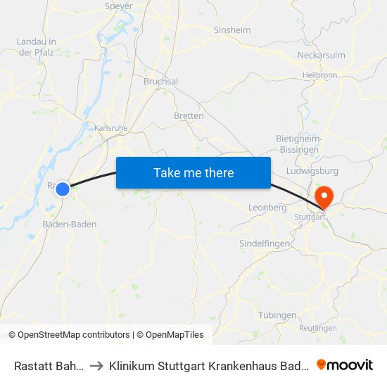 Rastatt Bahnhof to Klinikum Stuttgart Krankenhaus Bad Cannstatt map