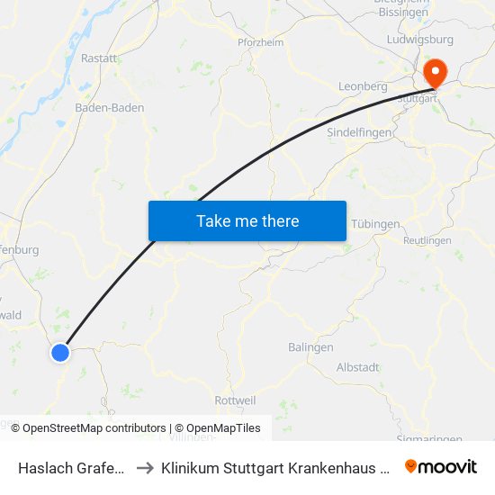 Haslach Grafenstraße to Klinikum Stuttgart Krankenhaus Bad Cannstatt map