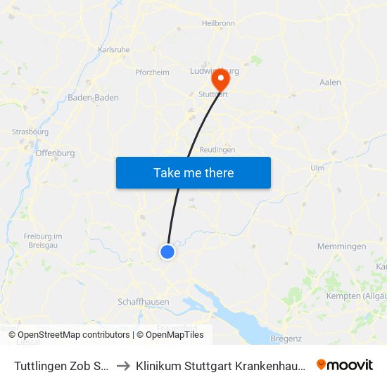 Tuttlingen Zob Stadtmitte to Klinikum Stuttgart Krankenhaus Bad Cannstatt map