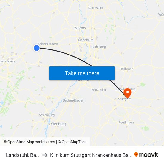 Landstuhl, Bahnhof to Klinikum Stuttgart Krankenhaus Bad Cannstatt map