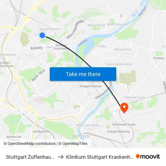 Stuttgart Zuffenhausen Reibedanz to Klinikum Stuttgart Krankenhaus Bad Cannstatt map