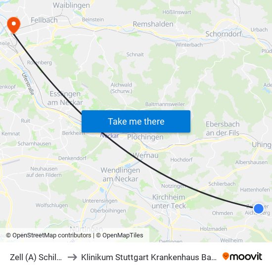 Zell (A) Schillerstr. to Klinikum Stuttgart Krankenhaus Bad Cannstatt map