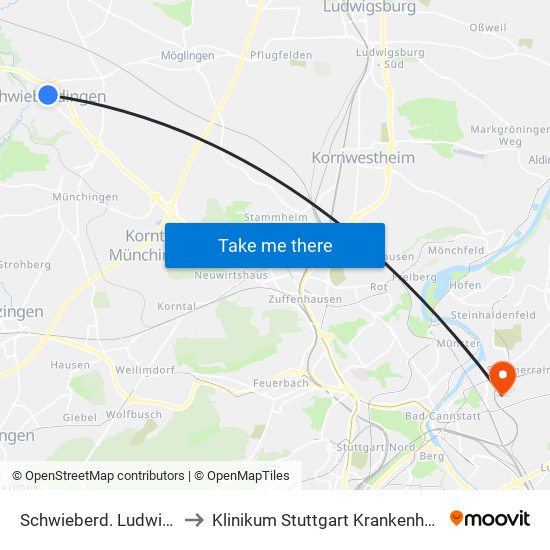 Schwieberd. Ludwigsburger Str. to Klinikum Stuttgart Krankenhaus Bad Cannstatt map