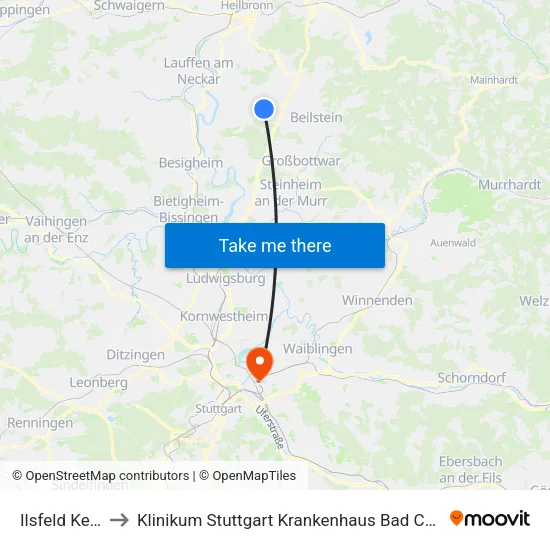 Ilsfeld Kelter to Klinikum Stuttgart Krankenhaus Bad Cannstatt map