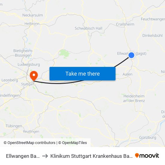 Ellwangen Bahnhof to Klinikum Stuttgart Krankenhaus Bad Cannstatt map