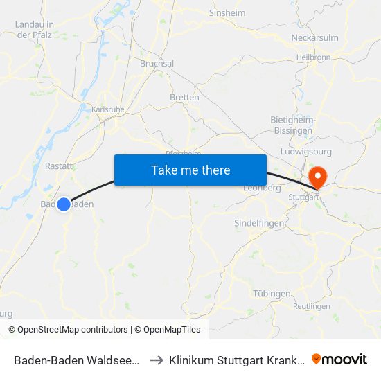 Baden-Baden Waldseestr./Verfassungsplatz to Klinikum Stuttgart Krankenhaus Bad Cannstatt map