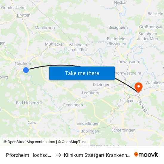 Pforzheim Hochschule/Wildpark to Klinikum Stuttgart Krankenhaus Bad Cannstatt map