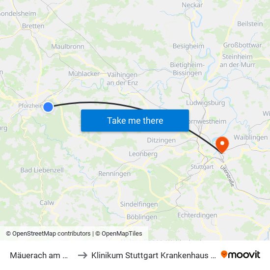 Mäuerach am Waldrand to Klinikum Stuttgart Krankenhaus Bad Cannstatt map