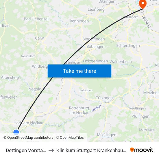 Dettingen Vorstadt Bstg 2 to Klinikum Stuttgart Krankenhaus Bad Cannstatt map