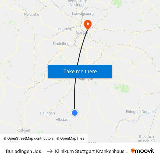 Burladingen Josengasse to Klinikum Stuttgart Krankenhaus Bad Cannstatt map
