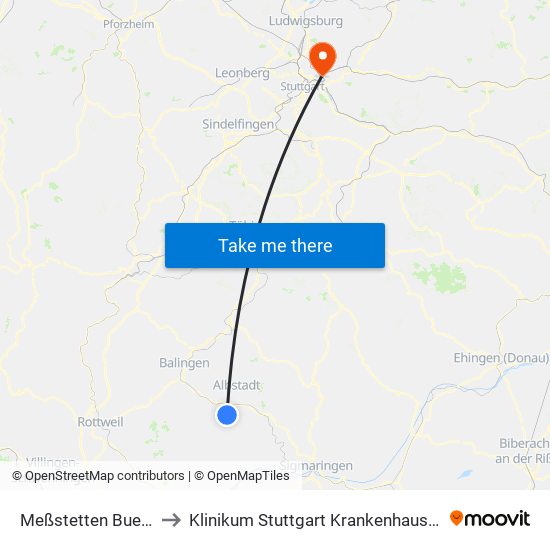 Meßstetten Bueloch Ksk to Klinikum Stuttgart Krankenhaus Bad Cannstatt map