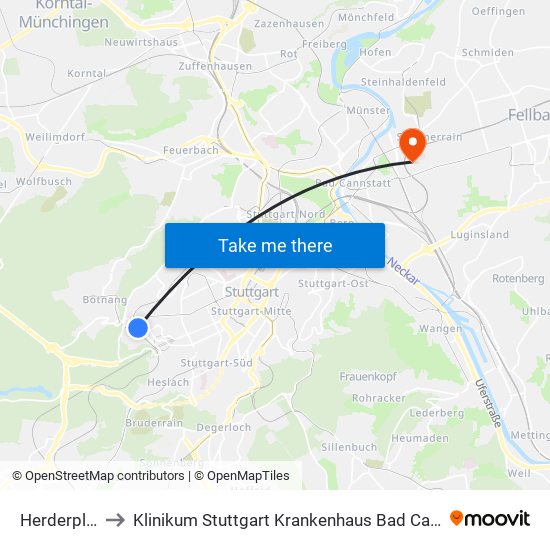 Herderplatz to Klinikum Stuttgart Krankenhaus Bad Cannstatt map