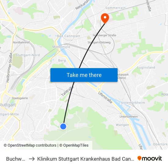 Buchwald to Klinikum Stuttgart Krankenhaus Bad Cannstatt map