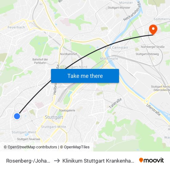 Rosenberg-/Johannesstraße to Klinikum Stuttgart Krankenhaus Bad Cannstatt map