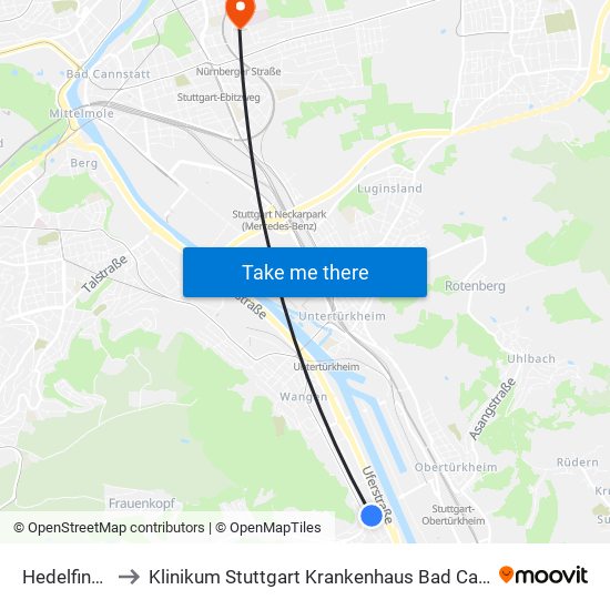 Hedelfingen to Klinikum Stuttgart Krankenhaus Bad Cannstatt map