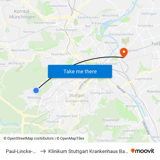 Paul-Lincke-Straße to Klinikum Stuttgart Krankenhaus Bad Cannstatt map