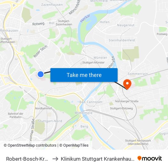 Robert-Bosch-Krankenhaus to Klinikum Stuttgart Krankenhaus Bad Cannstatt map