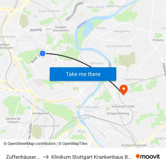 Zuffenhäuser Heide to Klinikum Stuttgart Krankenhaus Bad Cannstatt map