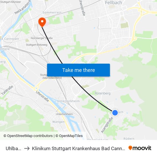 Uhlbach to Klinikum Stuttgart Krankenhaus Bad Cannstatt map