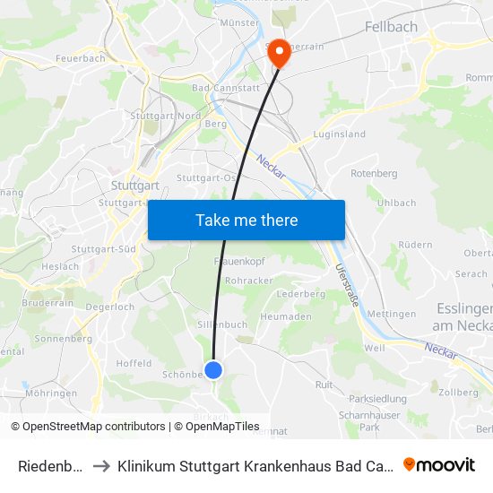 Riedenberg to Klinikum Stuttgart Krankenhaus Bad Cannstatt map