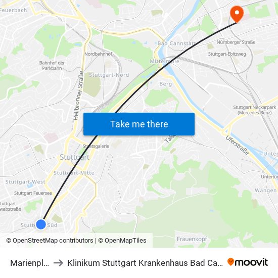 Marienplatz to Klinikum Stuttgart Krankenhaus Bad Cannstatt map