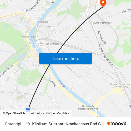 Ostendplatz to Klinikum Stuttgart Krankenhaus Bad Cannstatt map