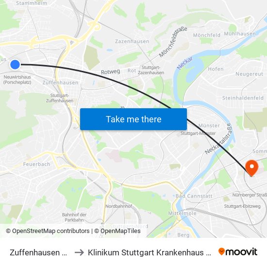 Zuffenhausen Porsche to Klinikum Stuttgart Krankenhaus Bad Cannstatt map