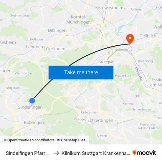 Sindelfingen Pfarrwiesengymn. to Klinikum Stuttgart Krankenhaus Bad Cannstatt map