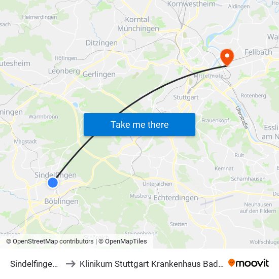 Sindelfingen Zob to Klinikum Stuttgart Krankenhaus Bad Cannstatt map