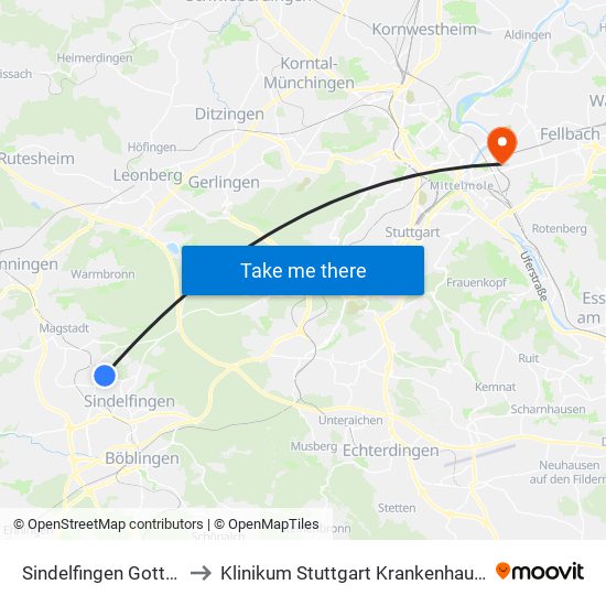 Sindelfingen Gottscheer Str. to Klinikum Stuttgart Krankenhaus Bad Cannstatt map