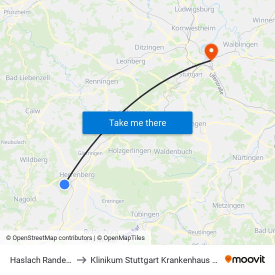 Haslach Randenstraße to Klinikum Stuttgart Krankenhaus Bad Cannstatt map