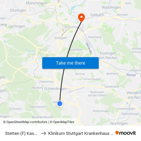 Stetten (F) Kasparswald to Klinikum Stuttgart Krankenhaus Bad Cannstatt map