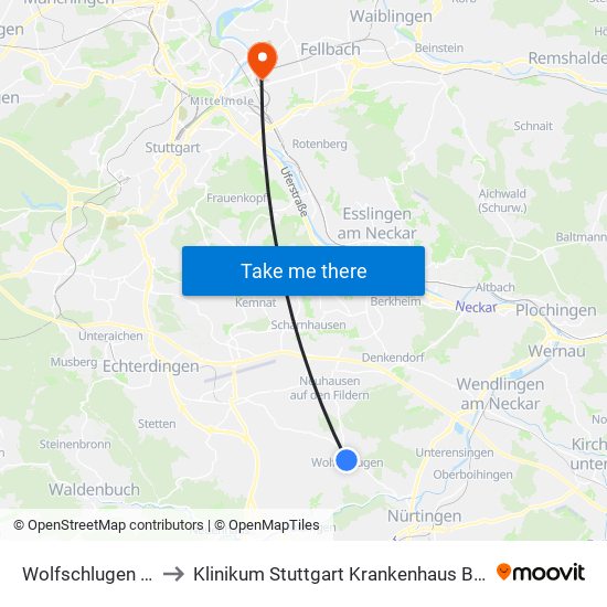 Wolfschlugen Löwen to Klinikum Stuttgart Krankenhaus Bad Cannstatt map