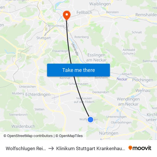 Wolfschlugen Reinhardtstr. to Klinikum Stuttgart Krankenhaus Bad Cannstatt map