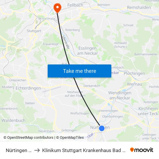 Nürtingen Zob to Klinikum Stuttgart Krankenhaus Bad Cannstatt map