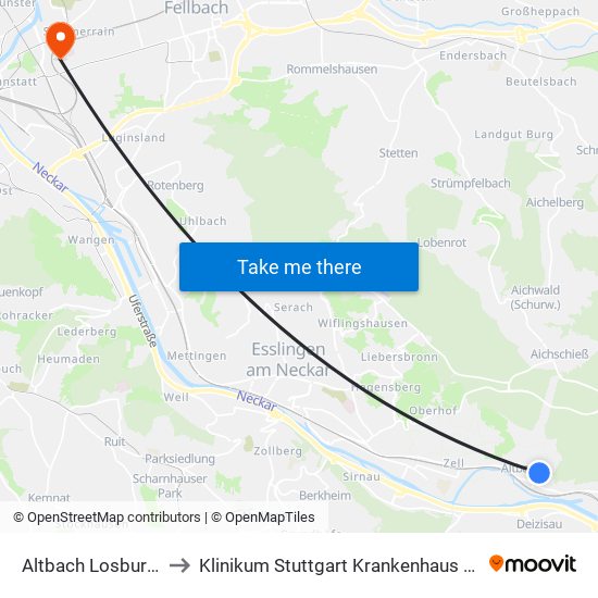 Altbach Losburgstraße to Klinikum Stuttgart Krankenhaus Bad Cannstatt map