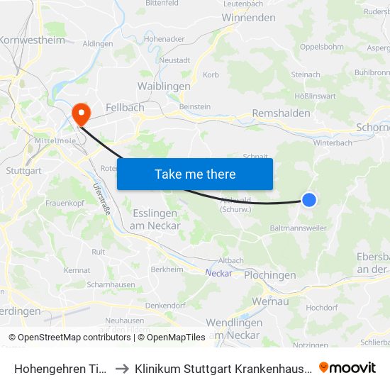 Hohengehren Tiefgarage to Klinikum Stuttgart Krankenhaus Bad Cannstatt map