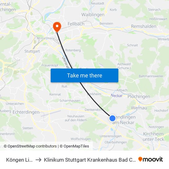 Köngen Linde to Klinikum Stuttgart Krankenhaus Bad Cannstatt map