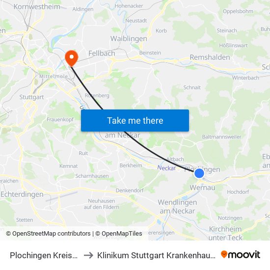 Plochingen Kreissparkasse to Klinikum Stuttgart Krankenhaus Bad Cannstatt map