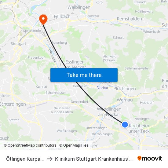Ötlingen Karpatenweg to Klinikum Stuttgart Krankenhaus Bad Cannstatt map
