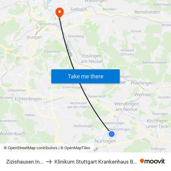 Zizishausen Inselbad to Klinikum Stuttgart Krankenhaus Bad Cannstatt map